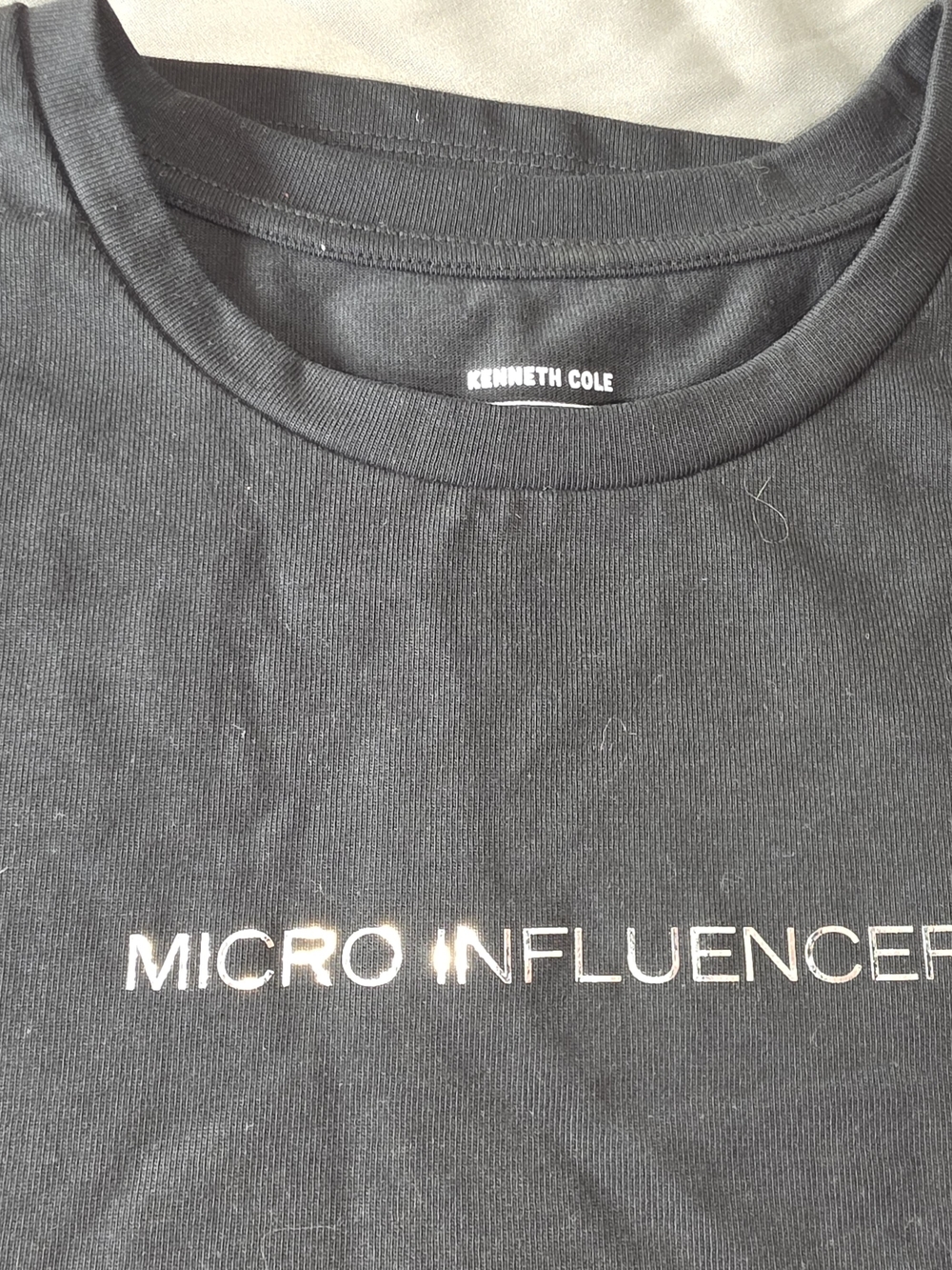 Kenneth Cole Black Crew Neck T-Shirt with Metallic "Micro Influencer" Print